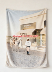 Prada Marfa Desert Cowboy Print Flannel Throw Blanket Beige White Warm Tone Luxury Sofa Cover Blanket IMG_2838